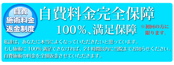 自費施術料金返金制度:自費料金完全保障100%、満足保障※初回の方に限ります。私達は、あなたに本当によくなっていただきたいと思っています。もし施術に100%満足できなければ、24時間以内に当院までお知らせください。自費施術の料金を全額返金させていただきます。
